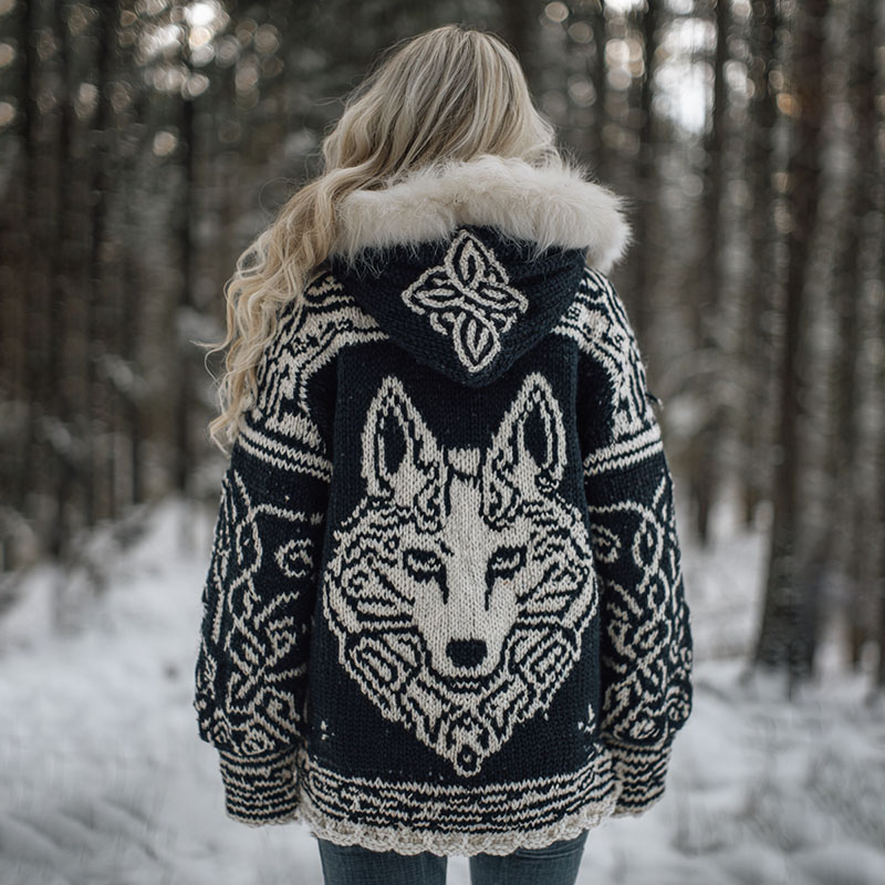 Women's Viking Wolf Celtic Art Cozy Fur Collar Knit Hooded Sweater Jacket