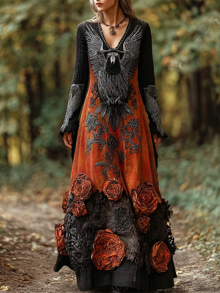 Halloween Vintage Rose Raven Dark Art Women's V-neck Long-sleeve Maxi Dress