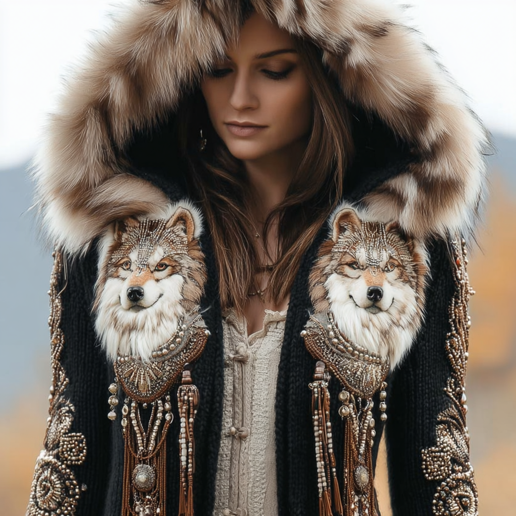 Vintage Western Wolf Ethnic Beaded Fur Trim Cozy Hooded Cardigan