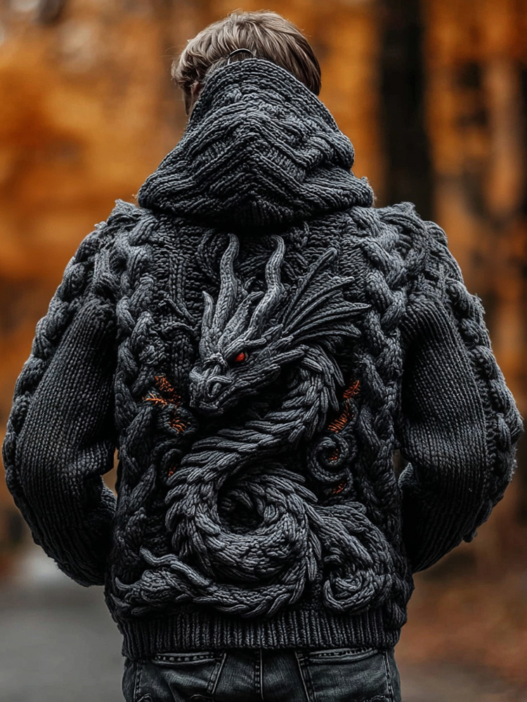 Men's Viking Dragon Totem Chunky Knit Hooded Cardigan