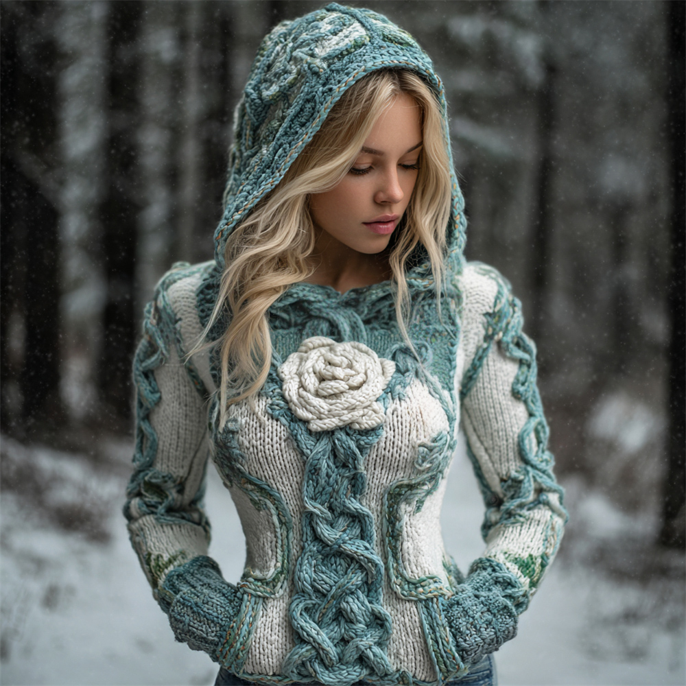 Viking Rose Knit Art Women's Hooded Sweater