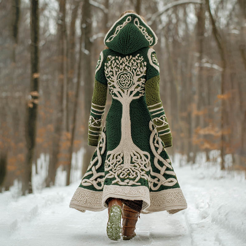 Women's Viking Tree Of Life Celtic Knot Pattern Knit Hooded Long Sweater Coat