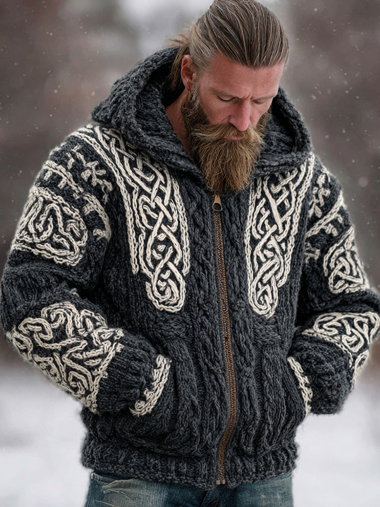 Men's Celtic Knot Chunky Knit Warm Zip-up Hooded Sweater