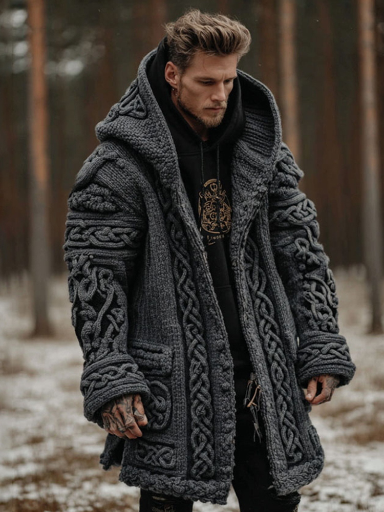 Men's Viking Celtic Knot Contrast Button Cozy Midi Cardigan Sweater