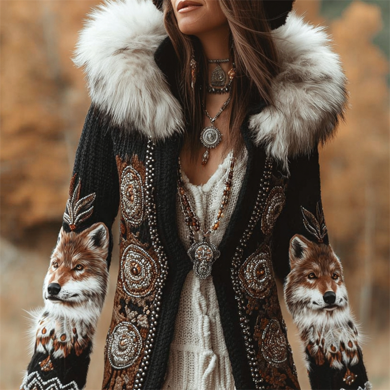 Vintage Western Wolf Ethnic Beaded Fur Trim Cozy Hooded Cardigan