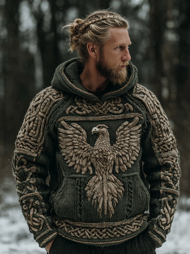 Men's Vintage Viking Celtic Knot Eagle Knit Hooded Sweater