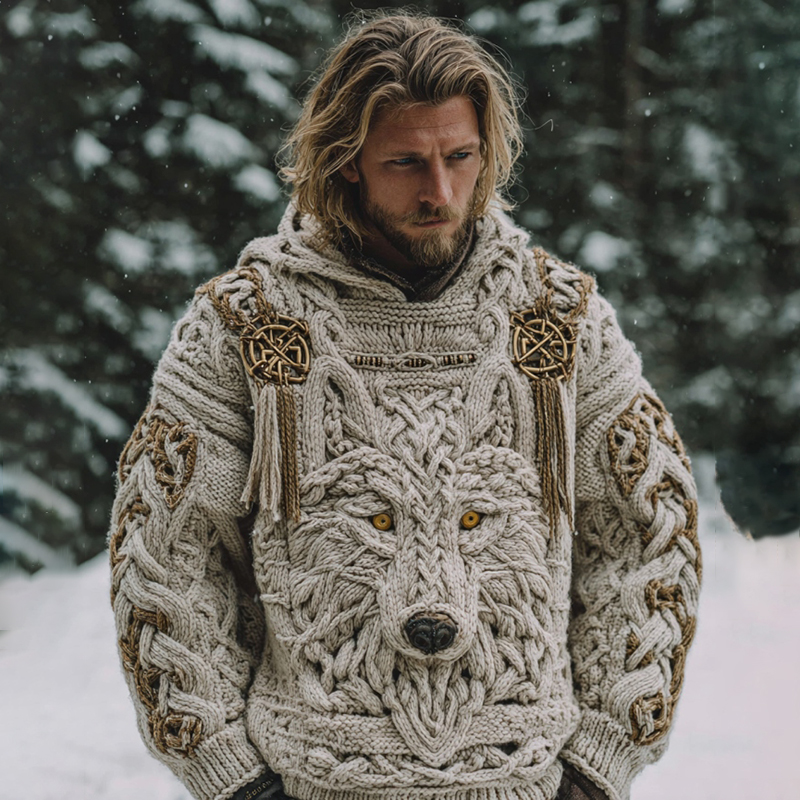 Men's Vintage Viking Wolf Celtic Knot Art Cozy Hooded Sweater