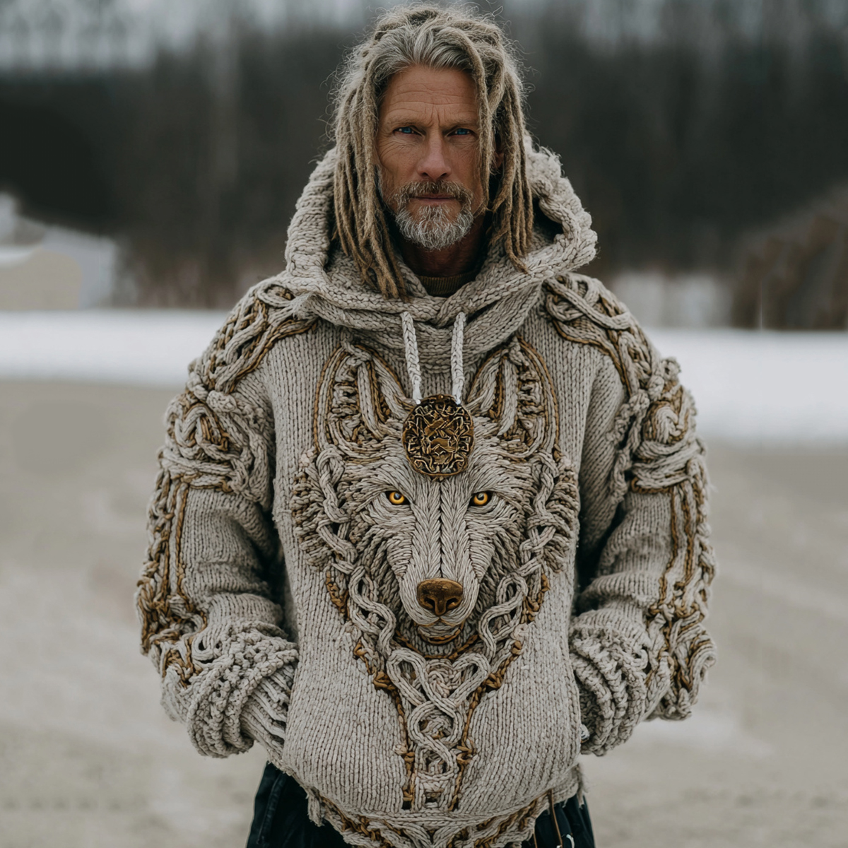 Men's Vintage Viking Wolf Cozy Knit Hooded Sweater