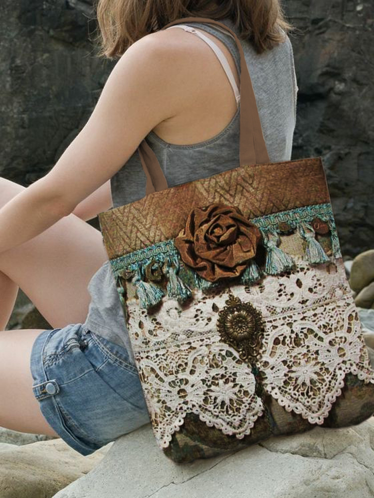 Vintage Lace Floral Art Canvas Bag