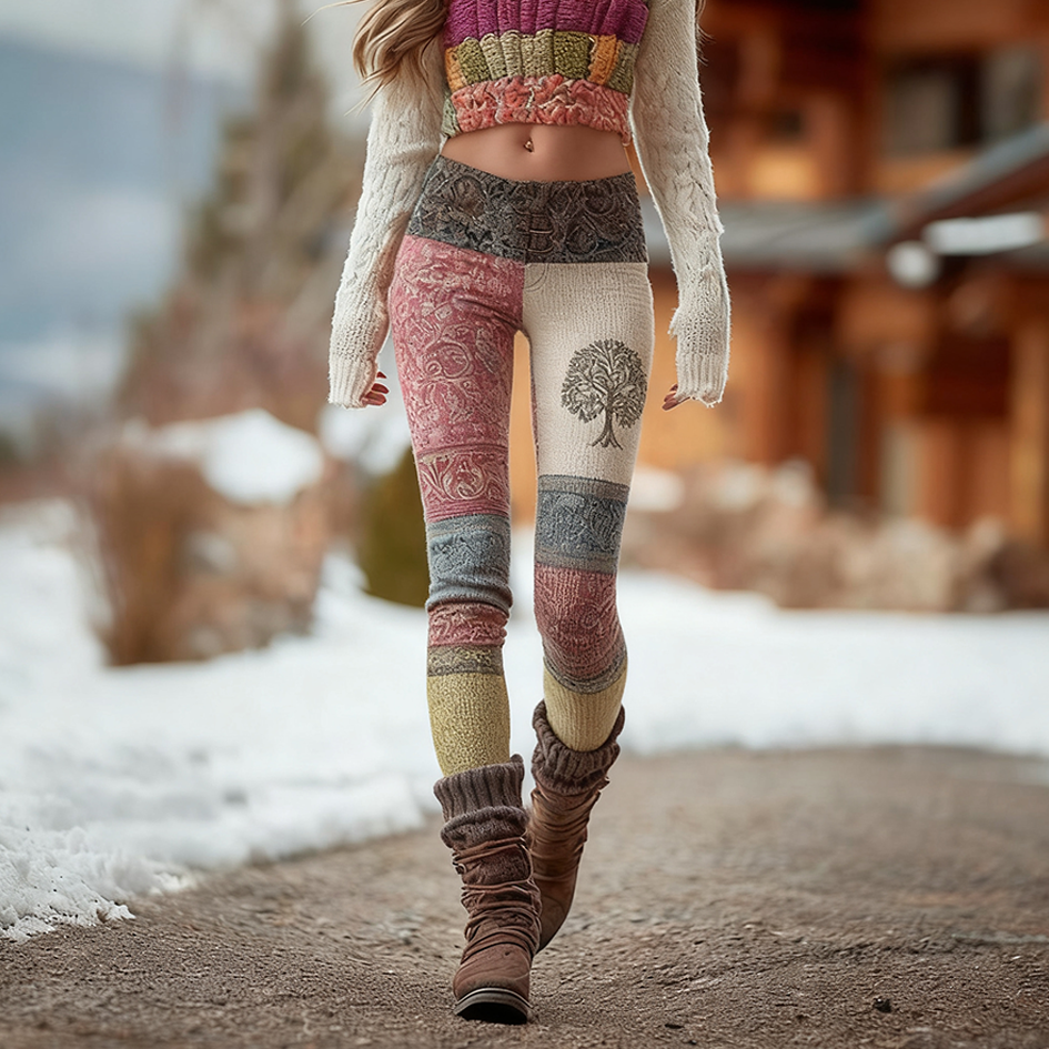 Bohemian Color-blocked Retro Print Women's Knitted Tight-fitting Leggings