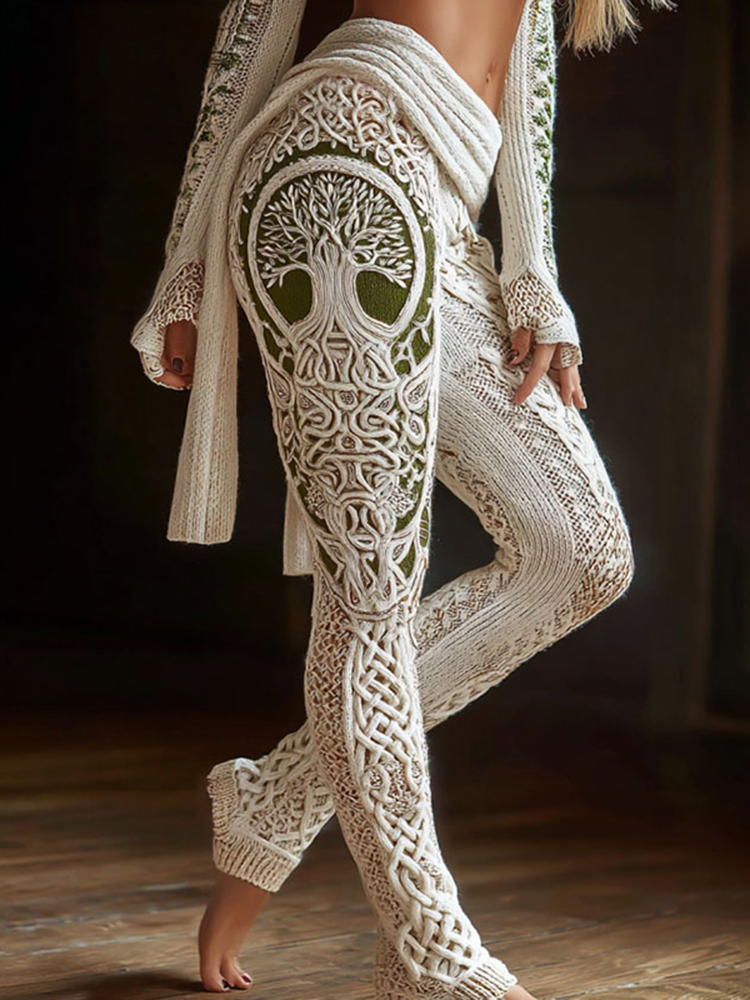 Vintage Viking Tree Of Life Celtic Patchwork Art Knit Cozy Casual Leggings
