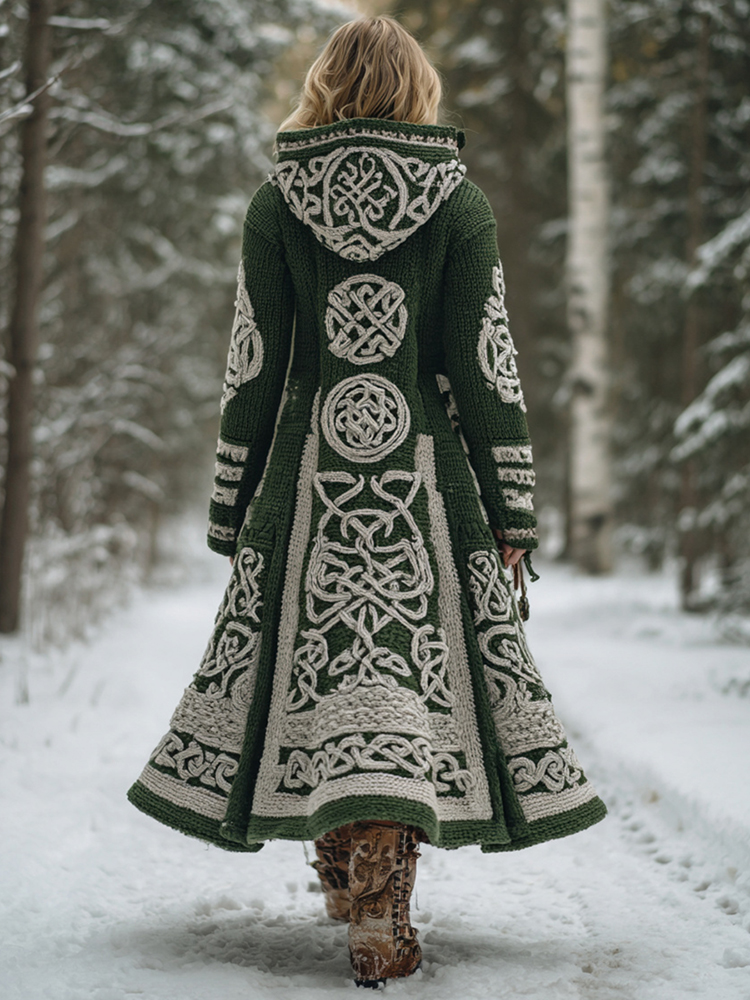 Women's Viking Celtic Knot Pattern Knit Hooded Long Sweater Coat
