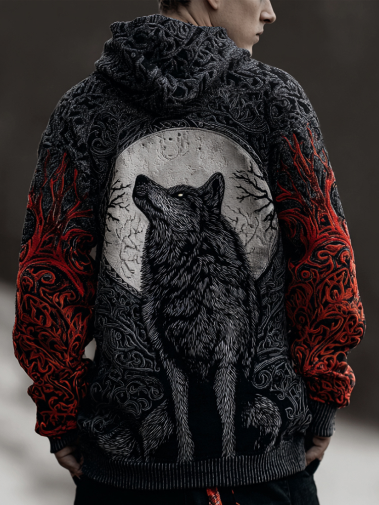 Men's Halloween Viking Style Moon Wolf Hooded Sweater