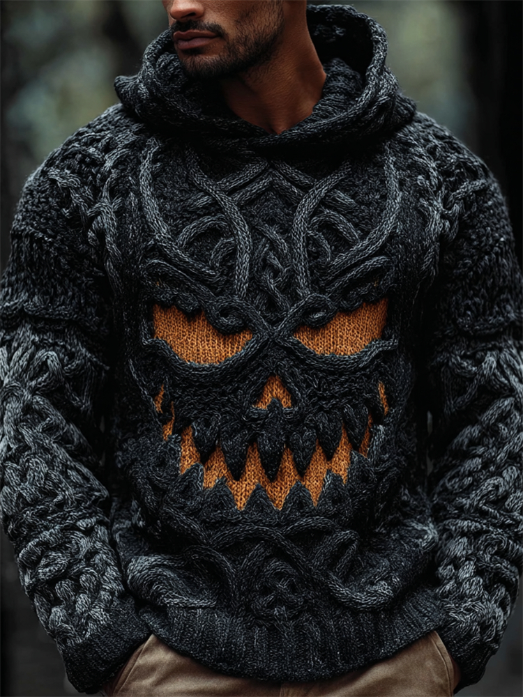 Men's Halloween Pumpkin Face Celtic Knot Chunky Hooded Sweater
