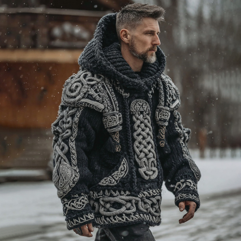 Men's Viking Celtic Art Cozy Knit Hooded Sweater
