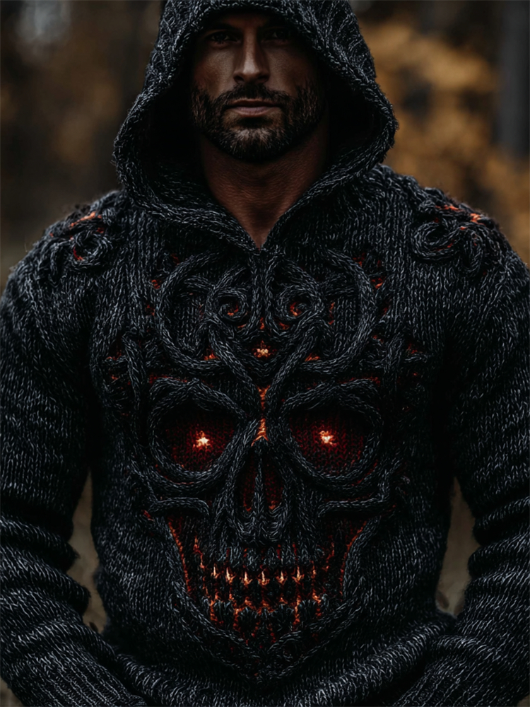 Men��s Vintage Celtic Skull Cozy Chunky Hooded Sweater