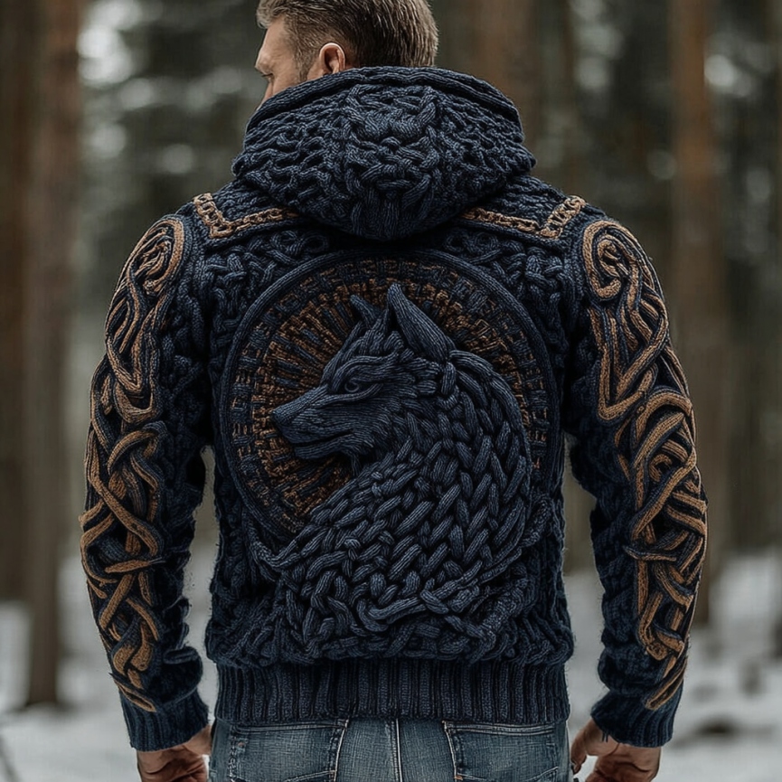 Men's Viking Wolf Totem Chunky Knit Hooded Cardigan