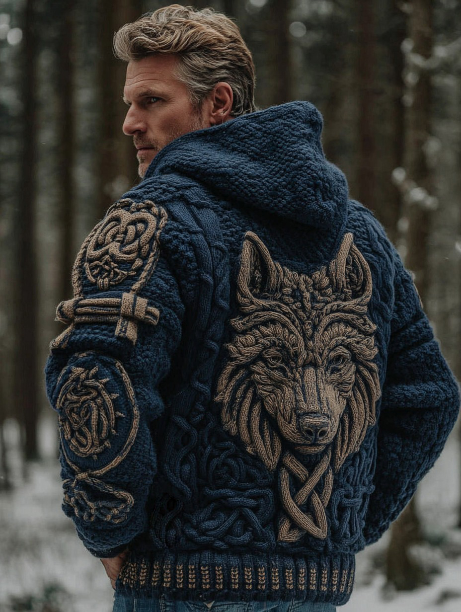 Men's Viking Wolf Celtic Pattern Art Cozy Knit Zipper Hooded Sweater