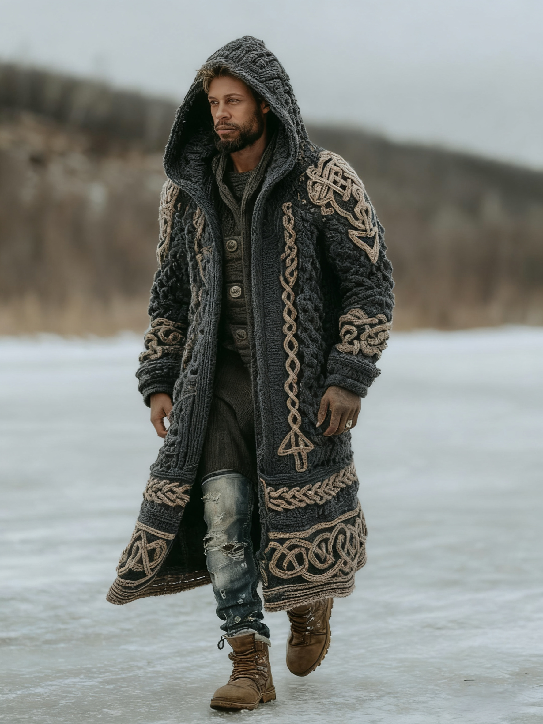 Men's Viking Celtic Knot Art  Mid-length Chunky Knit Cardigan Sweater