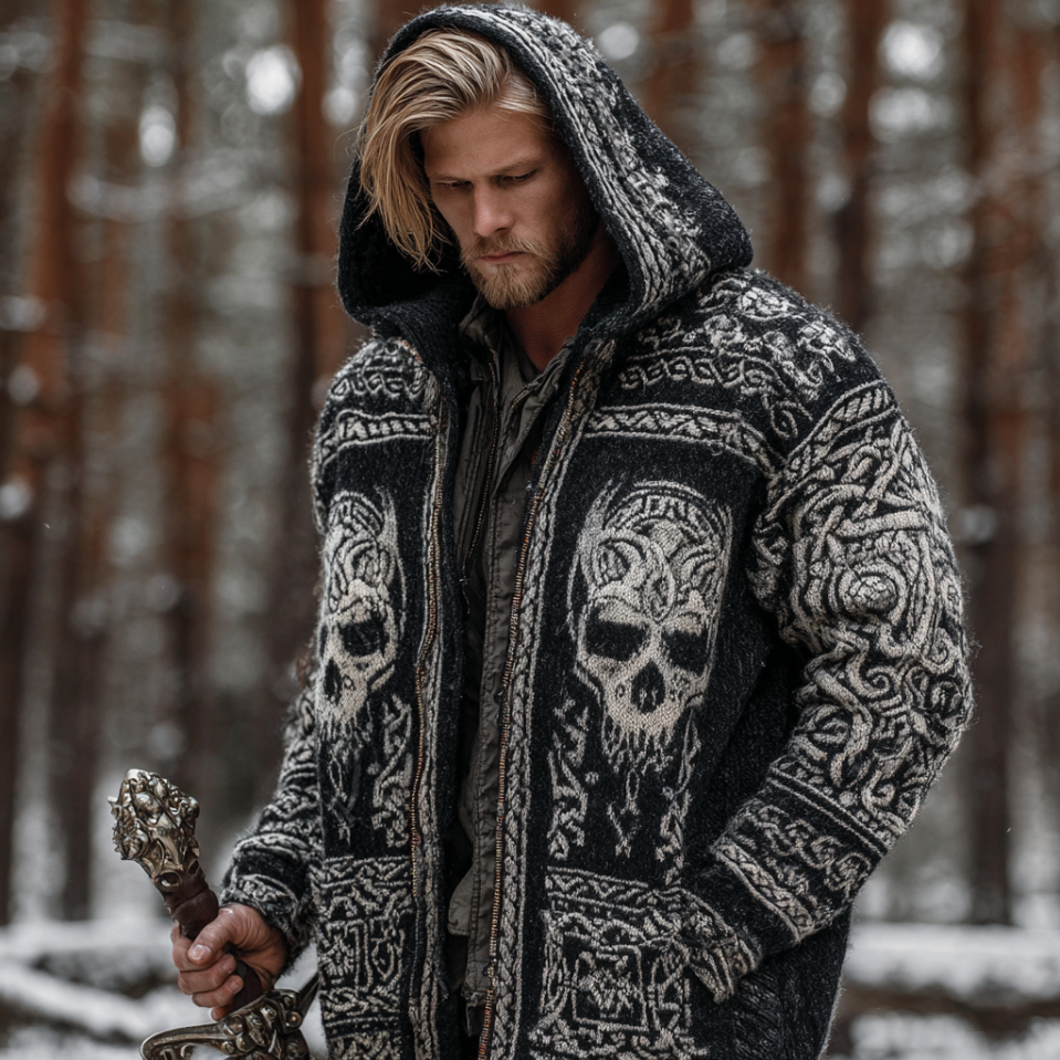 Halloween Theme Viking Style Men's Thick Sweater Coat