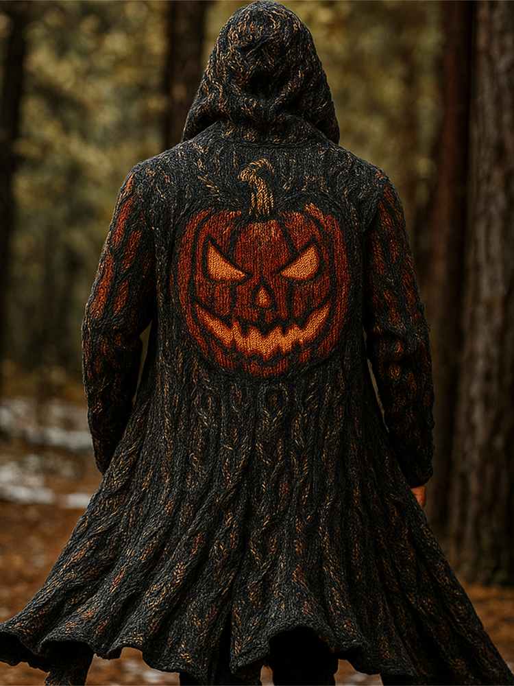 Halloween Pumpkin Lights Men's Chunky Knit Hooded Long Cardigan