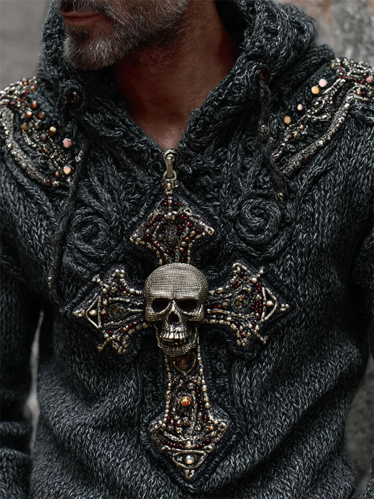 Men's Skull Cross Studded Celtic Cozy Chunky Hooded Sweater