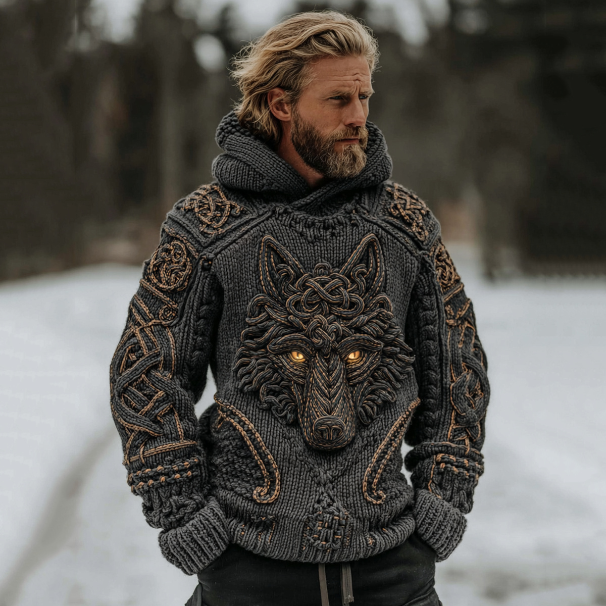 Men's Vintage Viking Celtic Knot Wolf Cozy Knit Hooded Sweater