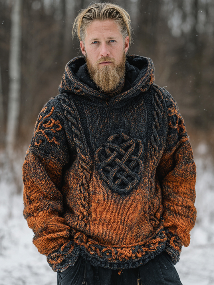 Men's Vintage Viking Celtic Knot Gradient Art Jacquard Knit Hooded Sweater