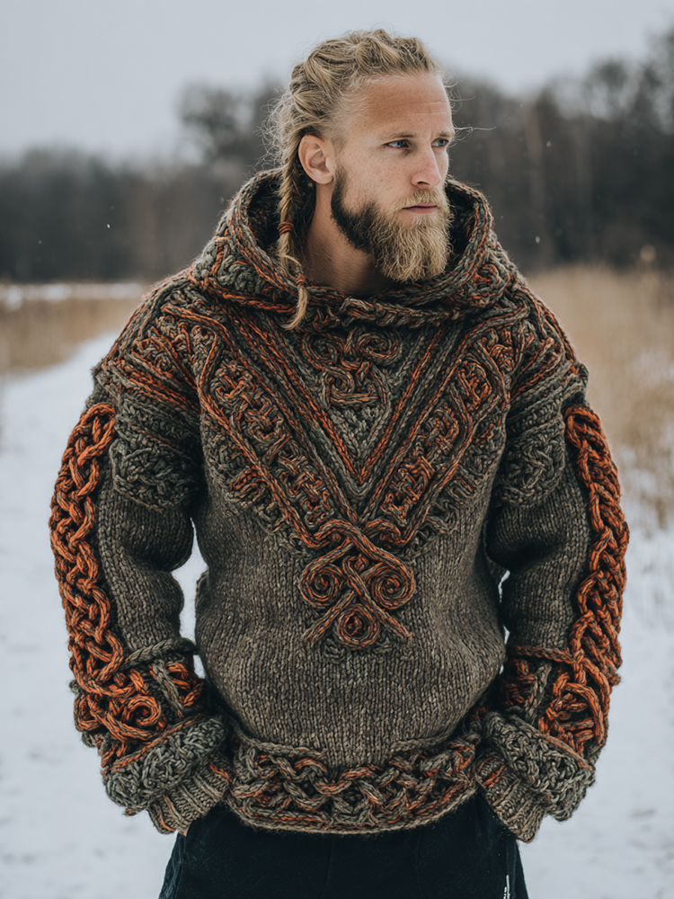 Men's Vintage Viking Celtic Knot Art Knit Hooded Sweater