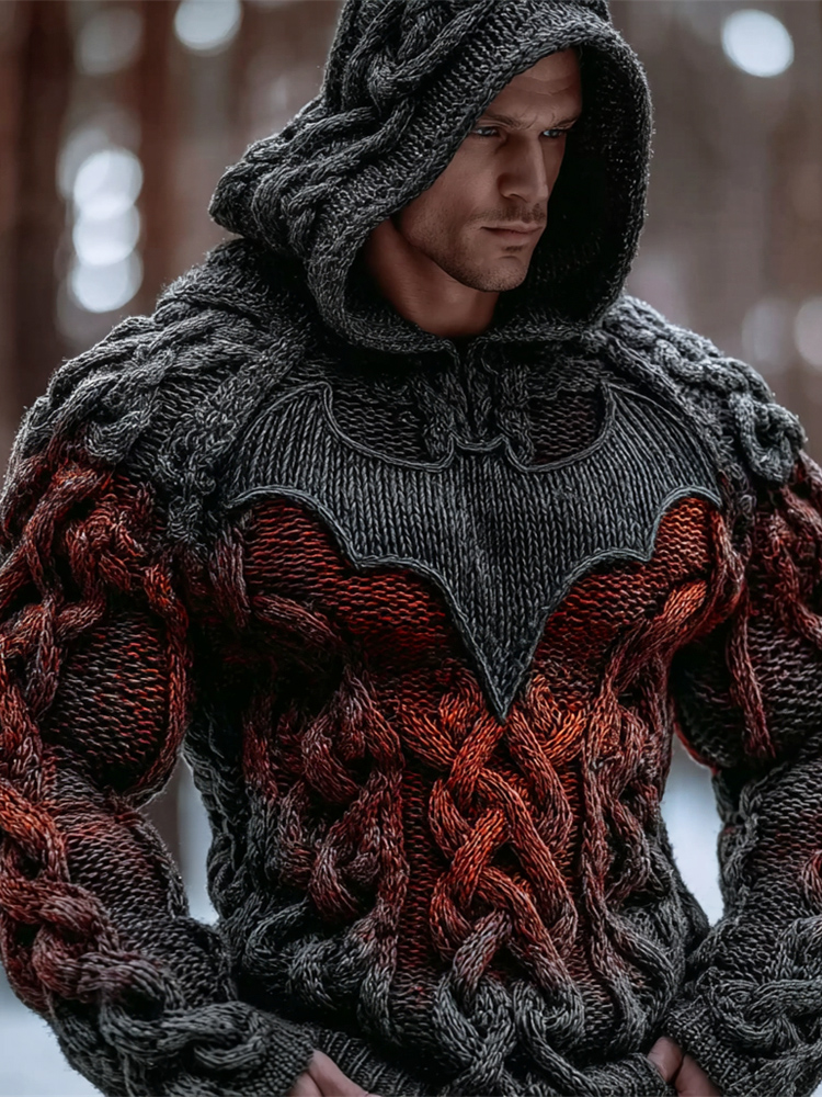 Halloween Flame Bat Men's Chunky Knit Hooded Sweater