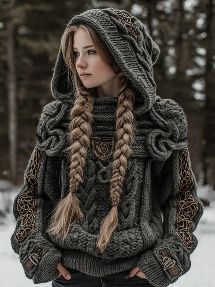 Women's Vintage Celtic Knot Art Knit Cozy Hooded Sweater