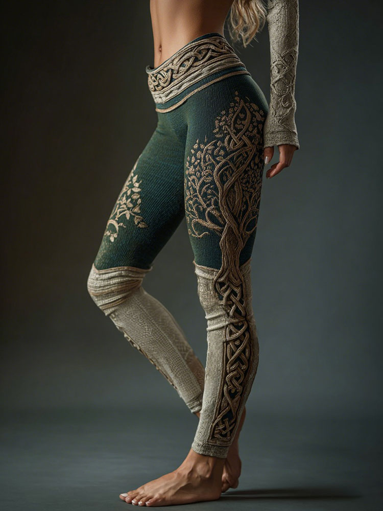 Women's Life Of Tree Celtic Contrast Color Design Jacquard Art Cozy Leggings