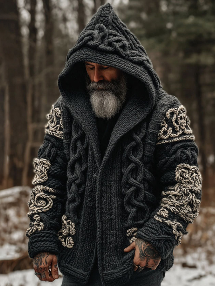 Men's Viking Celtic Knot Contrast Color Block Button Cozy Cardigan Sweater