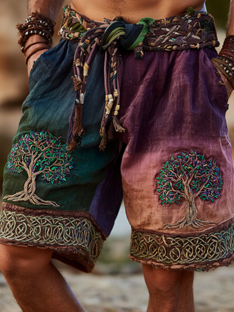 Men's Viking Inspired  Tree Of Life With Celtic Knot Art Linen Shorts