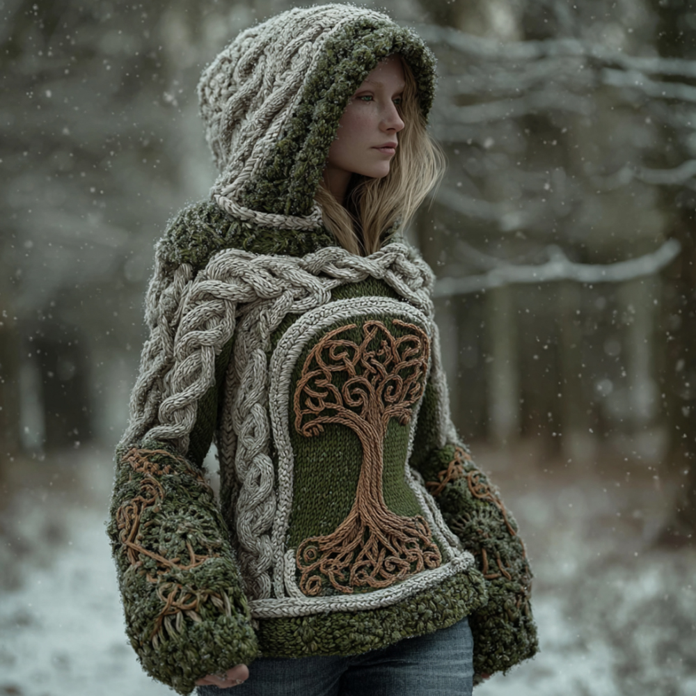 Women Viking Style Kai Tree Of Life Totem Coarse Needle Hooded Thick Sweater