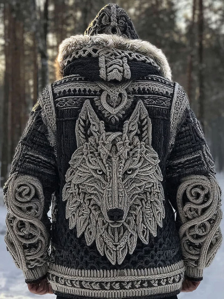 Men's Vintage Viking Wolf Pattern Knit Hooded Zipper Jacket