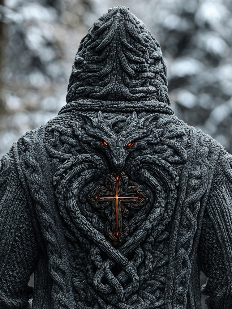 Men's Vintage Dragon Cross Celtic Cozy Hooded Sweater