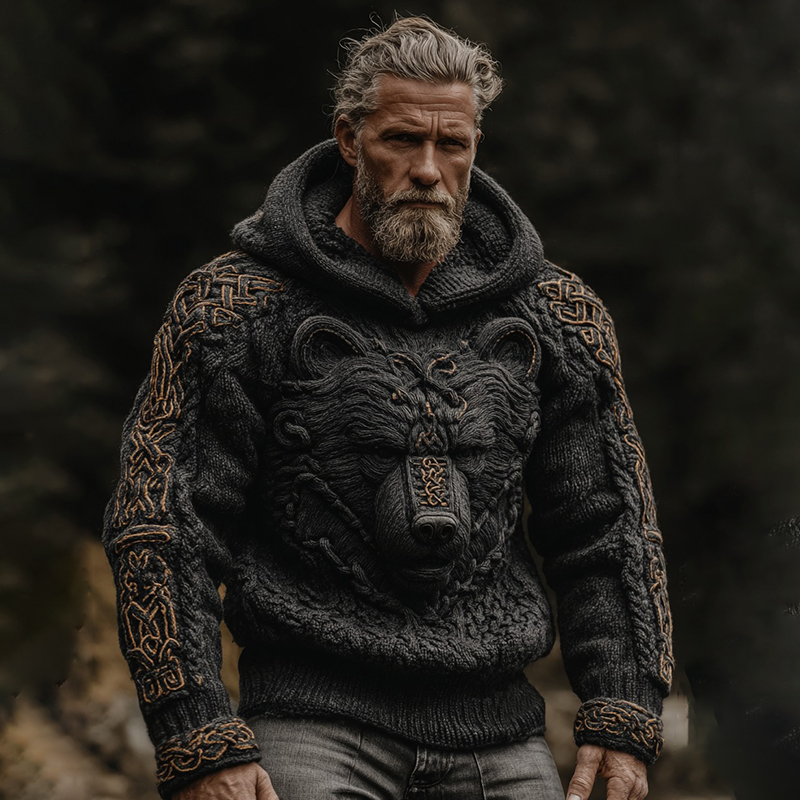 Men's Vintage Viking Bear Celtic Art Knit Hooded Sweater