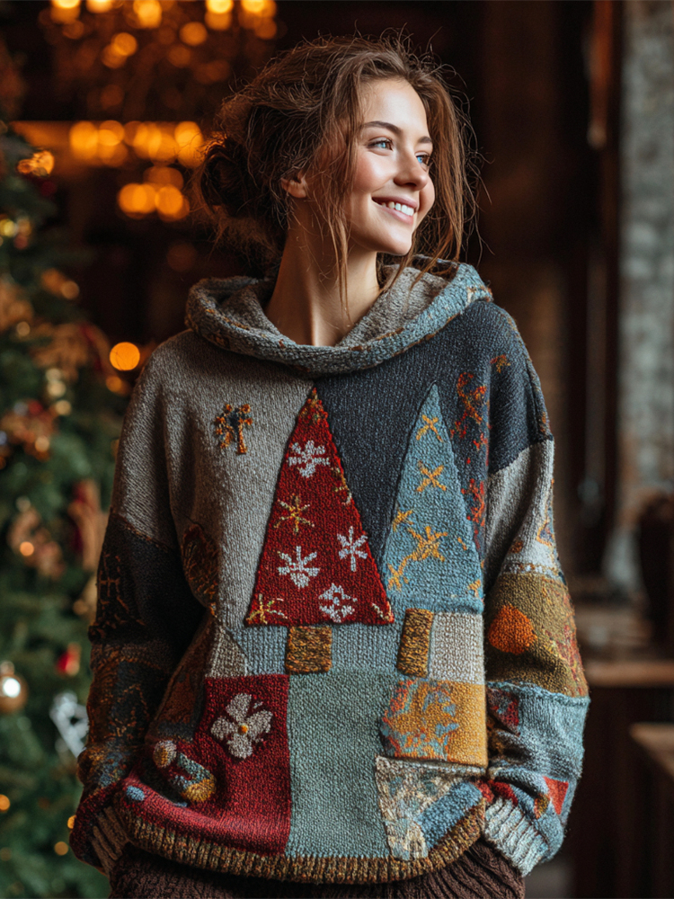 Vintage Christmas Tree Patchwork Women's Knit Hooded Sweater