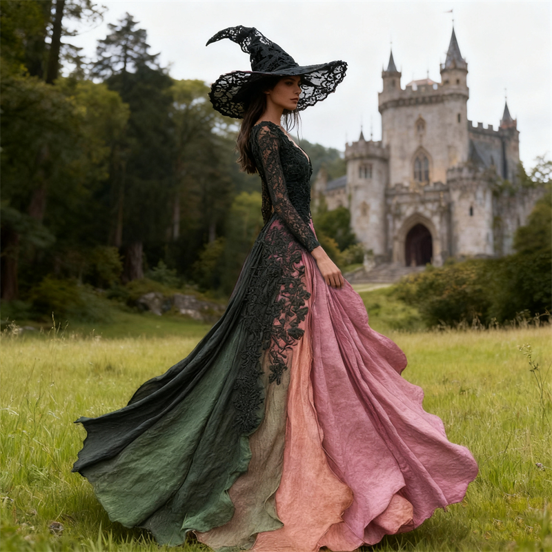 Halloween Witch Contrast Gradient Black Lace Linen Maxi Dress