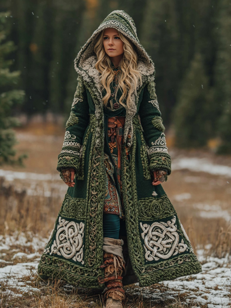 Women's Viking Celtic Knot Jacquard Color Block Art Hooded Knit Cardigan