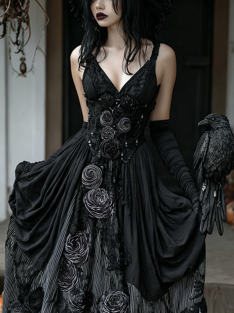 Halloween Dark Crow Witch Design Women Cotton And Linen Dress