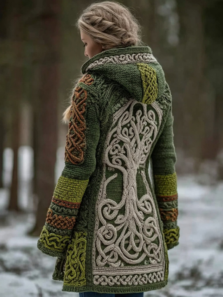 Women's Vintage Viking Tree Of Life Pattern Cozy Knit Hooded Sweater Cardigan