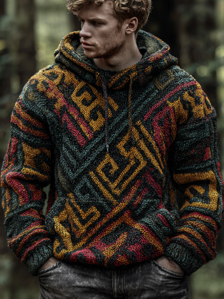 Men's Retro Geometric Line Embroidered Hooded Sweater
