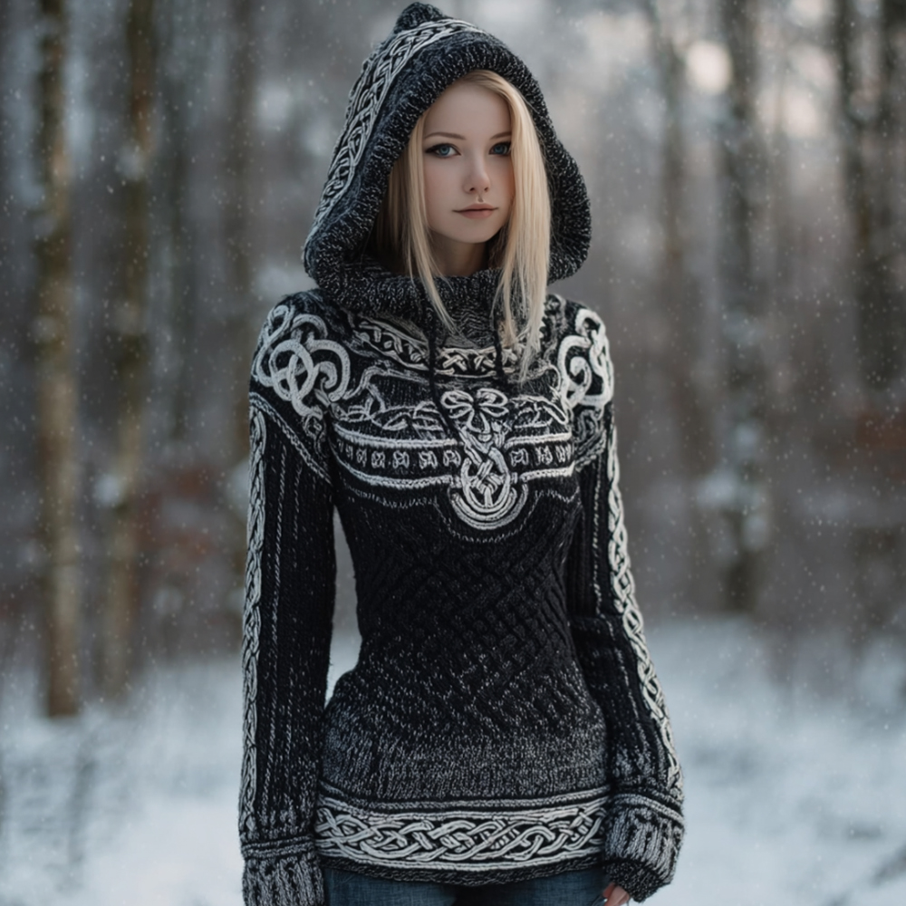 Women's Viking Style Celtic Knot Black And White Gradient Hooded Sweater
