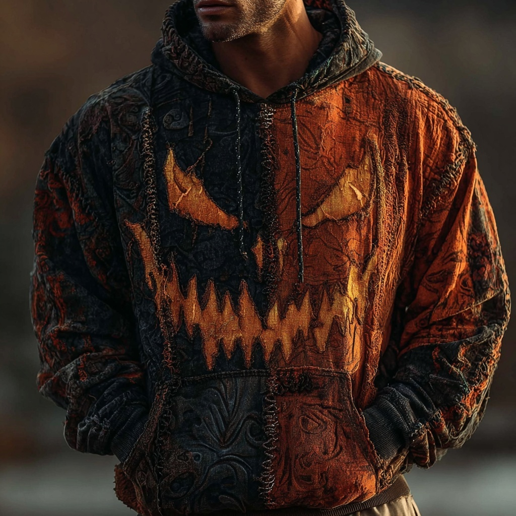Men's Halloween Spooky Face Contrast Washed Cozy Hoodie