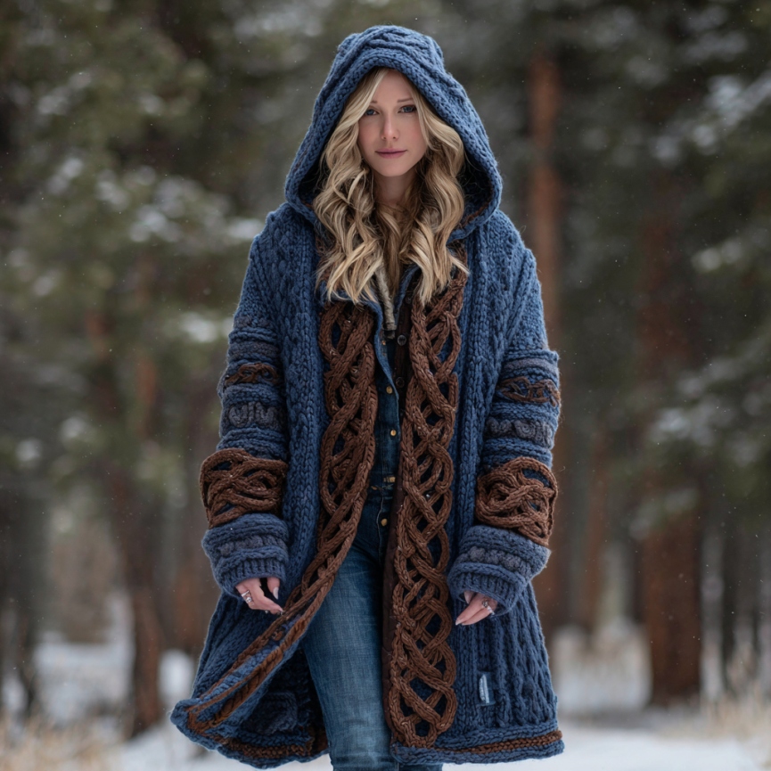 Women's Vintage Viking Celtic Knot Art Warm Knit Hooded Jacket