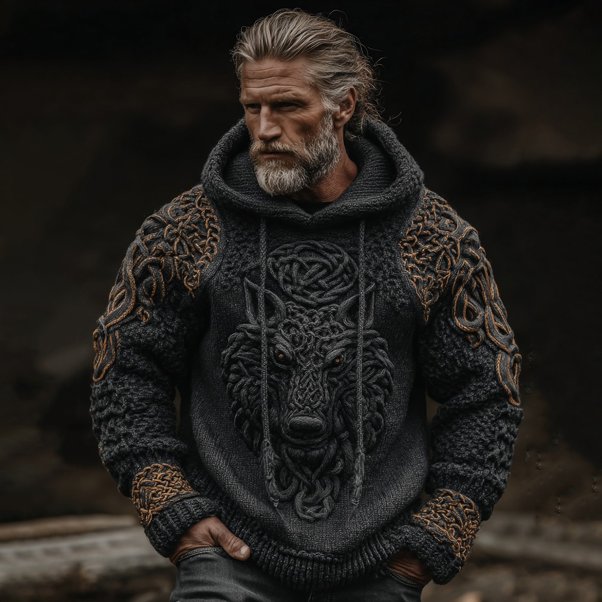 Men's Vintage Viking Wolf Celtic Art Knit Hooded Sweater