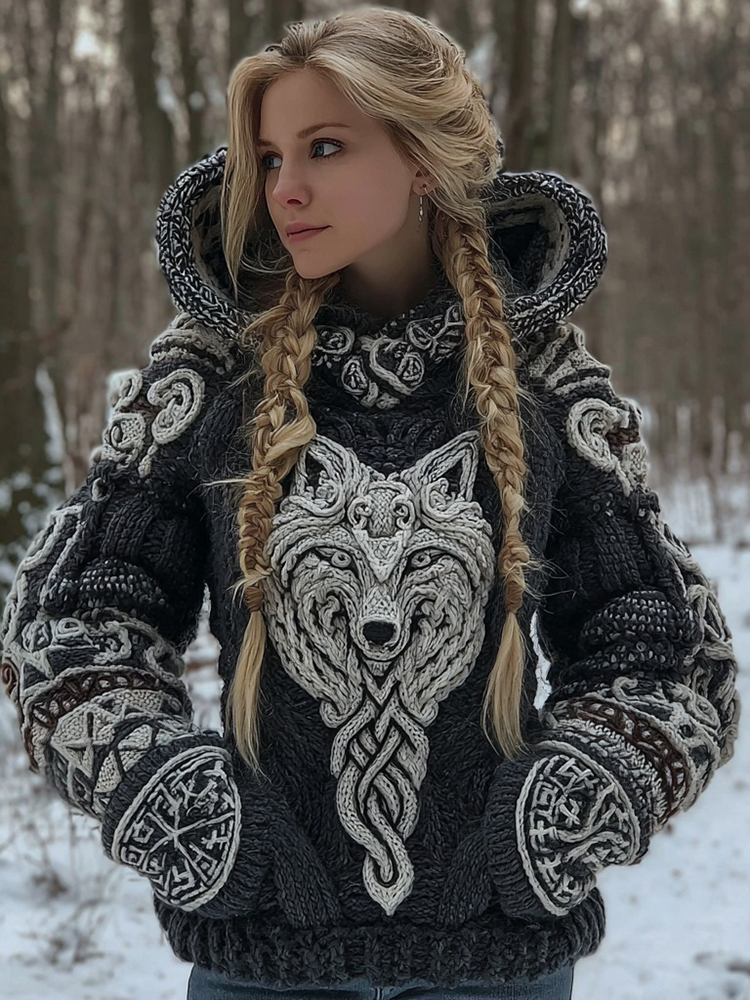 Women's Vintage Viking Wolf Art Knit Hooded Sweater