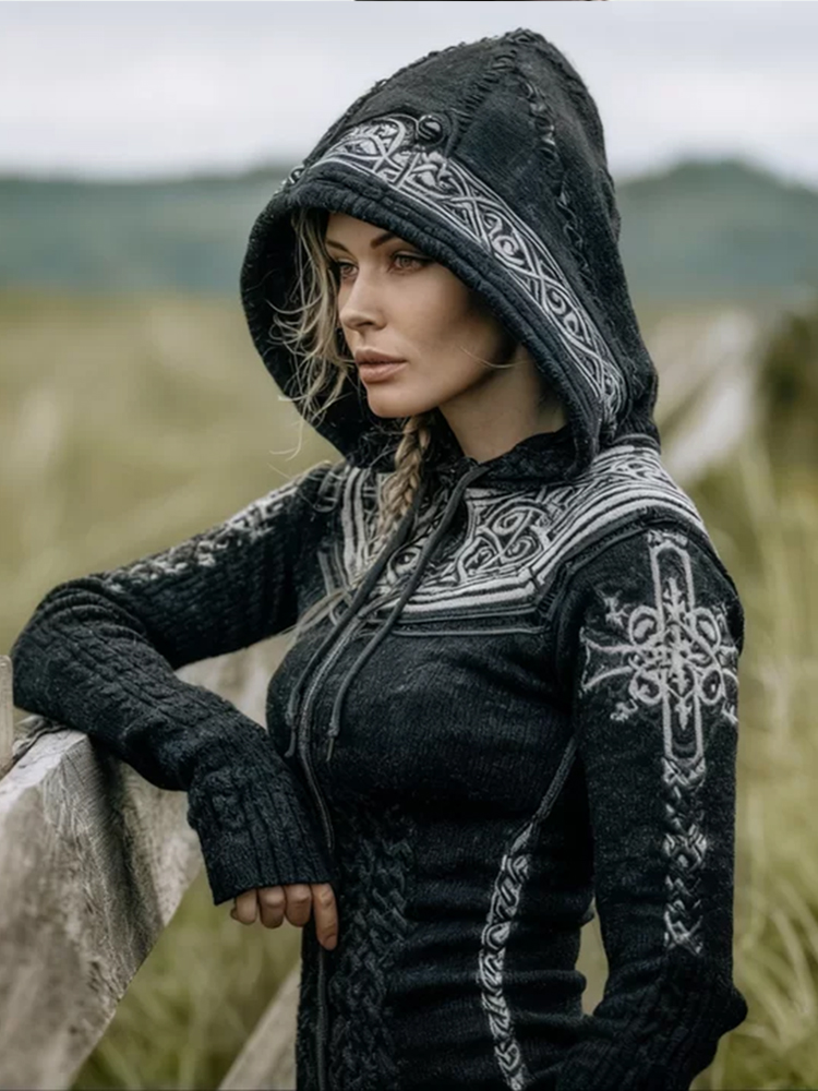 Women's Viking Style Celtic Knot Design Embroidered Hooded Sweater